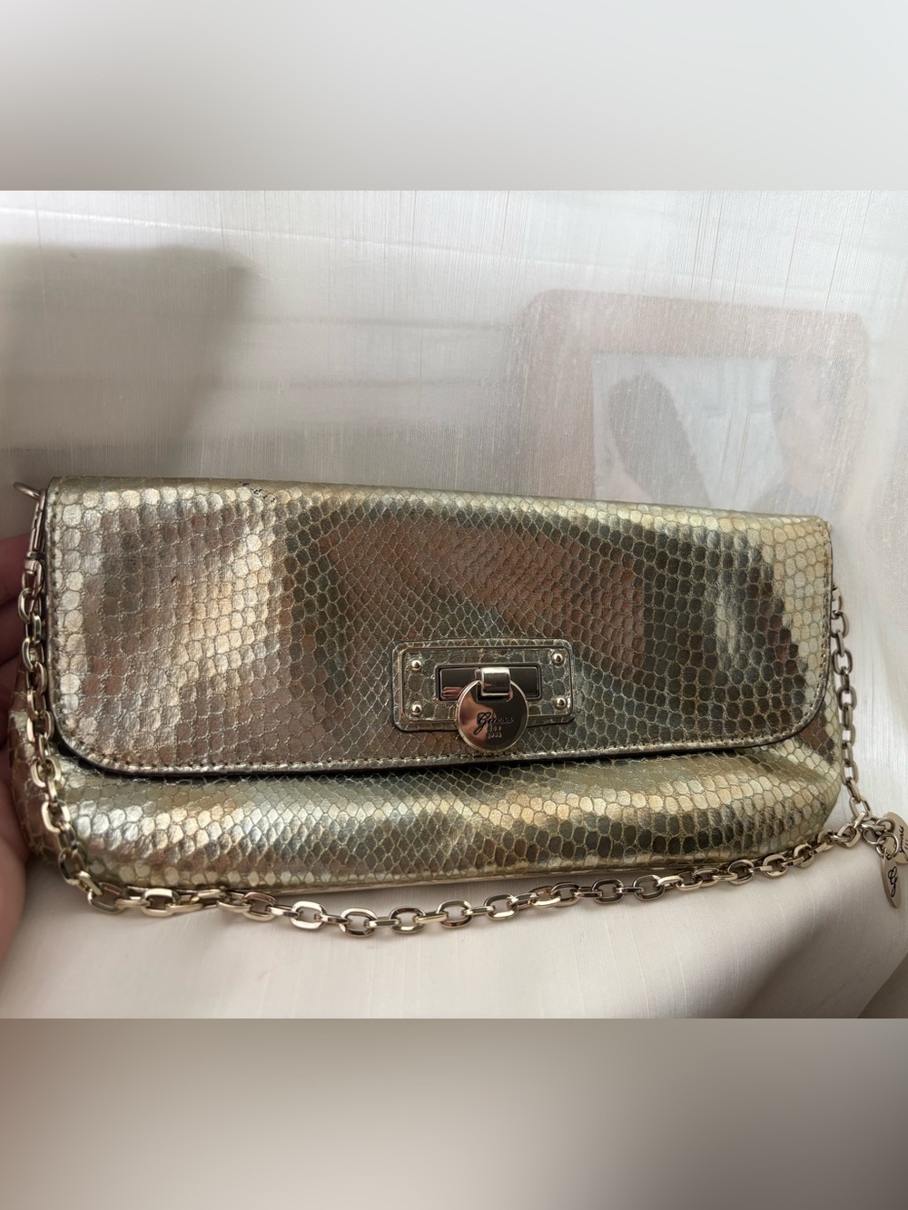 Guess Metallic Gold Snake-Embossed Chain Clutch